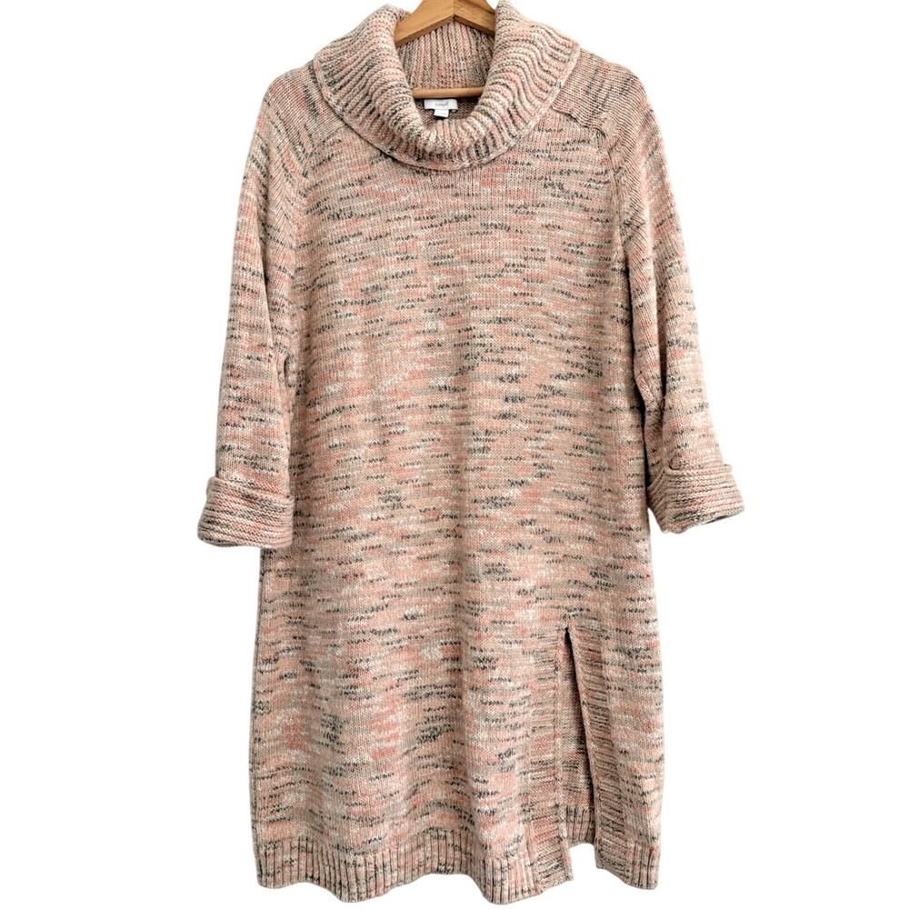 J Jill PureJill Tunic Sweater Dress Marled Knit Cowl Neck Pink Gray Large